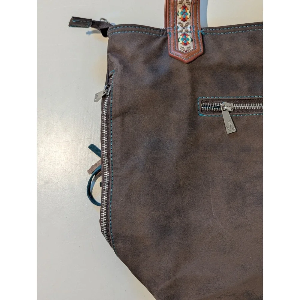 Catchfly Western Boho Faux Suede Tote Bag Brown Turquoise Fringe Embroidered